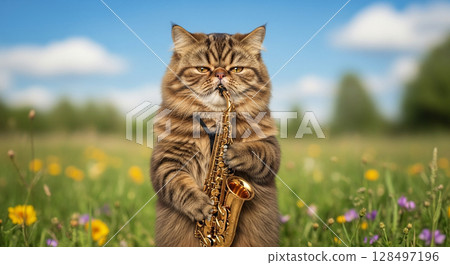 A unique and funny AI-generated illustration of a cat playing the saxophone outdoors 128497196