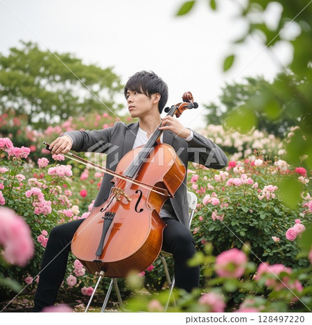 Male musician playing cello in a red and pink rose garden | Elegant outdoor concert by a handsome artist 128497220