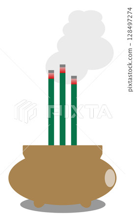 Illustration of a person offering prayers by burning incense to commemorate ancestors at a memorial service 128497274