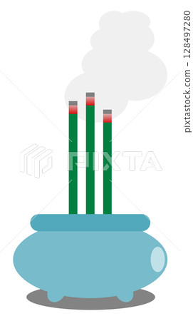 Illustration of a person offering prayers by burning incense to commemorate ancestors at a memorial service 128497280