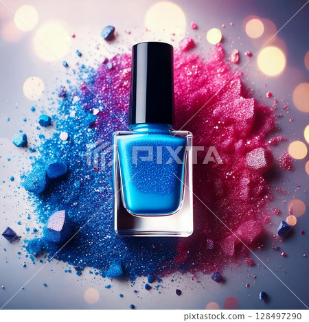 Blue nail polish powder, blue and pink powder background, studio lighting. AI Generated. Blue nail polish powder, blue and pink powder background, studio lighting. AI Generated. 128497290