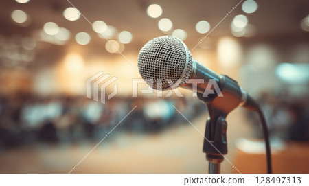 a microphone on a stand in a brightly lit conference hall, with a blurred audience in the background 128497313