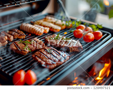 Grilling Meats and Vegetables on a Barbecue 128497321