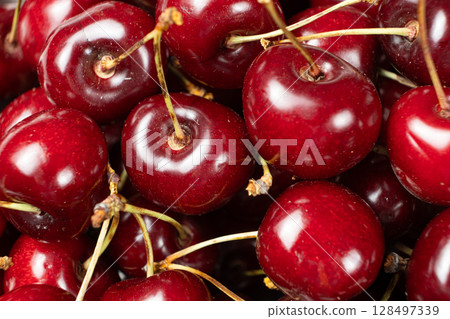 Macro Texture of Unwashed Sweet Cherry with Dust Particles. Macro Texture of Unwashed Sweet Cherry with Dust Particles. 128497339