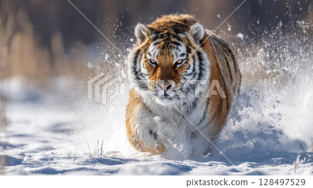 A powerful Amur tiger charges through deep snow with intense focus 128497529