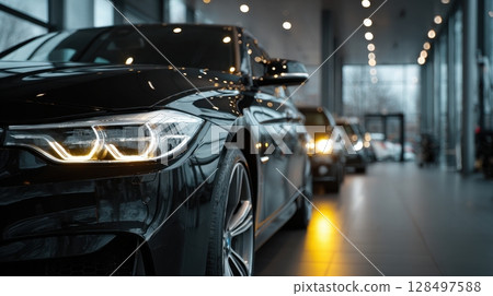 A sleek black car with its headlights on is showcased in well-lit car showroom with other vehicles in the background 128497588