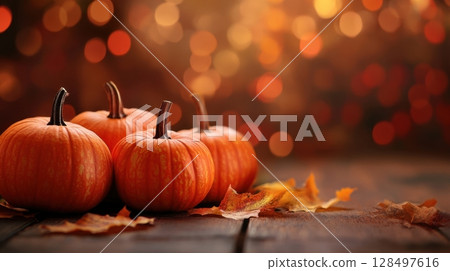 pumpkins sit on a rustic wooden table surrounded by fallen leaves with a warm, glowing bokeh background 128497616