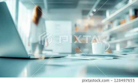 Vibrant paint palette with brushes and drawings amidst cheerful childrens activities 128497655