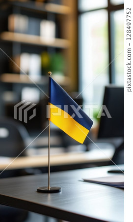 Vibrant paint palette with brushes and drawings amidst cheerful childrens activities 128497752