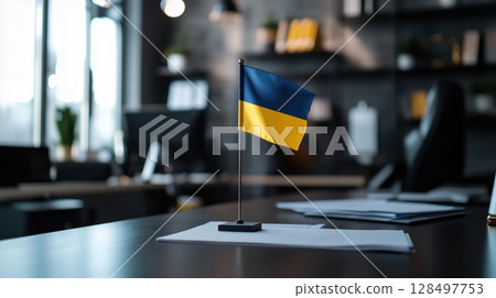Minimalist modern office with Ukrainian flag on sleek desk in professional environment 128497753