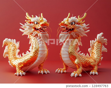 Two Beautiful Golden and Red Chinese Dragon on red background. AI Generated. 128497763