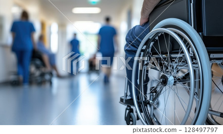 Bright hospital corridor with medical staff and a patient in a wheelchair 128497797