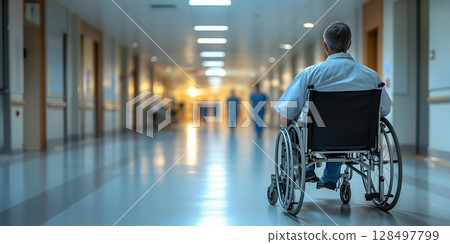 Hospital corridor with medical staff and patient in wheelchair under warm lighting Hospital corridor with medical staff and patient in wheelchair under warm lighting 128497799