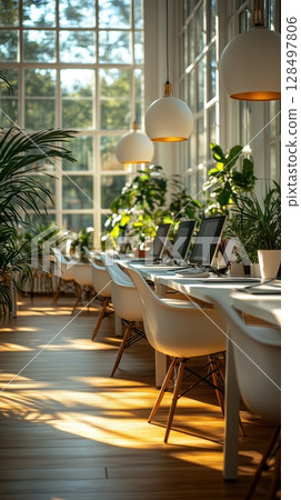 Modern open office space designed for productivity with natural lighting and greenery 128497806