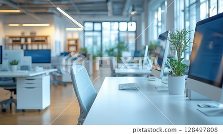 Modern office space designed for productivity with ergonomic furniture and natural light 128497808