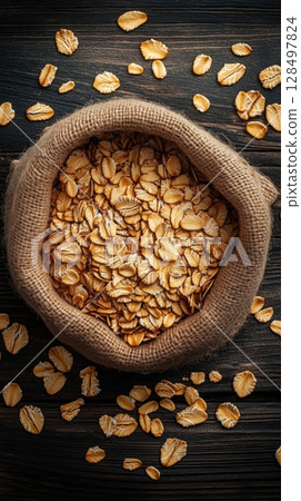 Raw oat flakes scattered on a light wooden surface with an open bag spilling oats 128497824