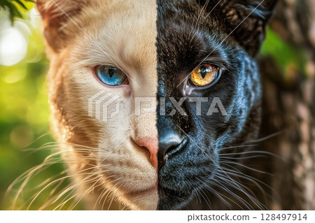 Unique blend of a white cat and black panther showcasing striking facial features and vibrant eyes in a natural setting 128497914
