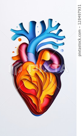 Artistic paper cut heart design showcasing intricate layers with vibrant colors against a soft background 128497931