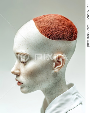 Unique hairstyle design featuring a smooth scalp and vivid red hair on the top, captured in a minimalist setting with soft lighting 128497932