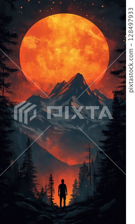 Mountains and a glowing sunset create a serene atmosphere for reflection and connection in a peaceful wilderness setting 128497933