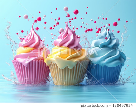 Captivating display of colorful cupcakes splashing in water with vibrant frosting in a fun and playful setting 128497934