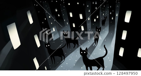 Black cats illuminated like skyscraper windows wander through a dark cityscape at night with glowing eyes and a mysterious atmosphere 128497950