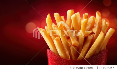 Close-up of crispy golden french fries in a red textured container with a warm red background Close-up of crispy golden french fries in a red textured container with a warm red background 128498067