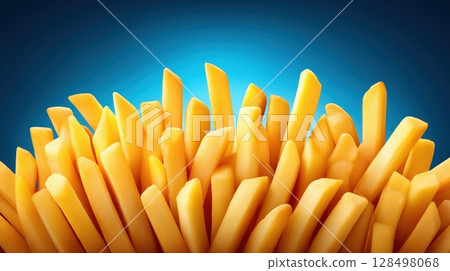 Close-up view of golden yellow french fries with a vibrant blue background, showing texture and freshness Close-up view of golden yellow french fries with a vibrant blue background, showing texture and freshness 128498068