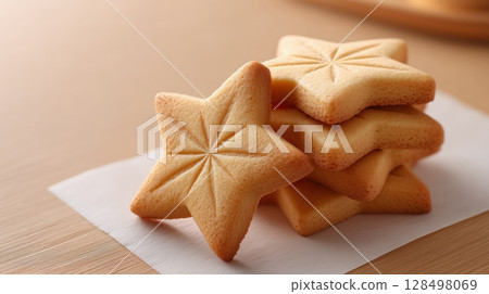 Golden star-shaped shortbread cookies neatly stacked on white paper over a warm wooden surface in soft lighting Golden star-shaped shortbread cookies neatly stacked on white paper over a warm wooden surface in soft lighting 128498069