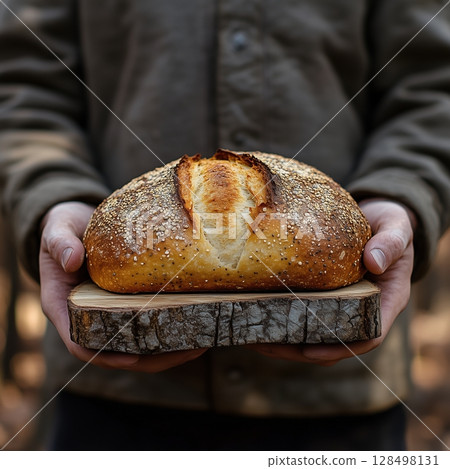 Man proudly holds freshly baked artisan bread outdoors surrounded by nature in the late afternoon light 128498131