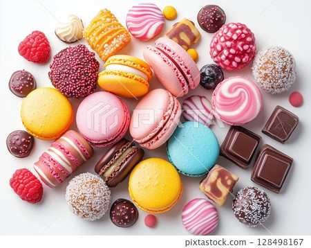 Delightful assortment of colorful macarons, lollipops and chocolates on a white background showcasing a variety of sweet treats perfect for any celebration 128498167