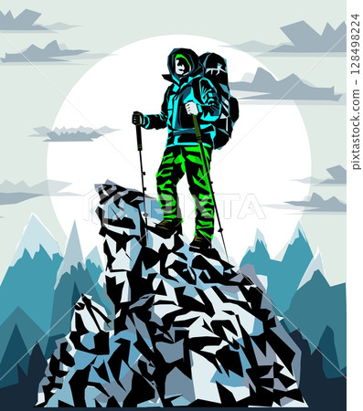 Man on the top of the mountain looks at the beautiful landscape of the mountains. Man on the top of the mountain looks at the beautiful landscape of the mountains. 128498224
