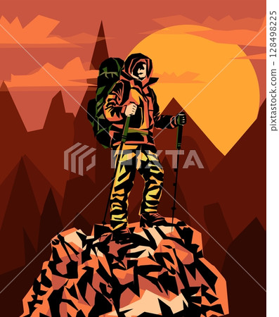 Man on the top of the mountain looks at the beautiful landscape of the mountains. Man on the top of the mountain looks at the beautiful landscape of the mountains. 128498225