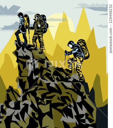 A group of men on the top of the mountain looks at the beautiful landscape of the mountains. 128498232