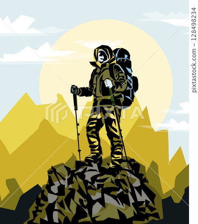 Man on the top of the mountain looks at the beautiful landscape of the mountains. 128498234