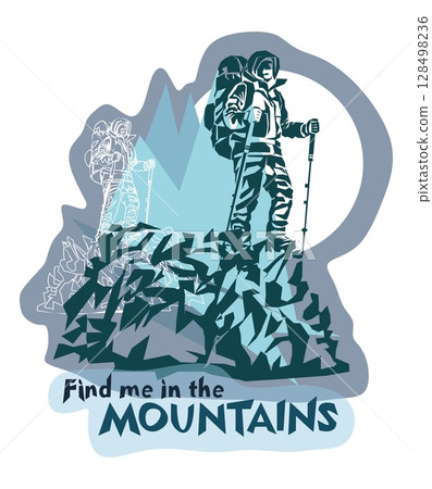 Man on the top of the mountain minimalistic concept for mountain tourism 128498236