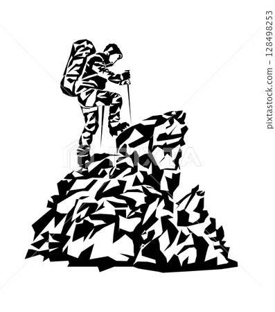 Silhouette of a Man on the top of the mountain minimalistic concept for mountain tourism Silhouette of a Man on the top of the mountain minimalistic concept for mountain tourism 128498253