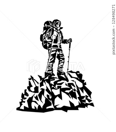 Silhouette of a Man on the top of the mountain minimalistic concept for mountain tourism 128498271