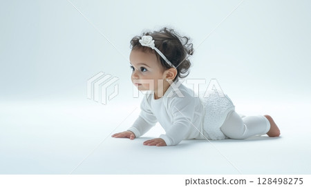 Crawling baby in a white jumpsuit on a soft floor mat with studio lighting 128498275