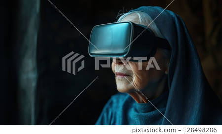 Elderly Asian nun explores virtual reality in a dark, hyper-realistic environment Elderly Asian nun explores virtual reality in a dark, hyper-realistic environment 128498286