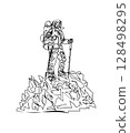 Continuous line drawing of a Man on the top of the mountain minimalistic concept for mountain tourism 128498295