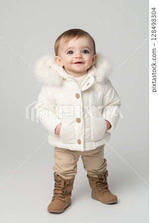 Full body portrait of a smiling two year old child in a white jacket in studio setting Full body portrait of a smiling two year old child in a white jacket in studio setting 128498304