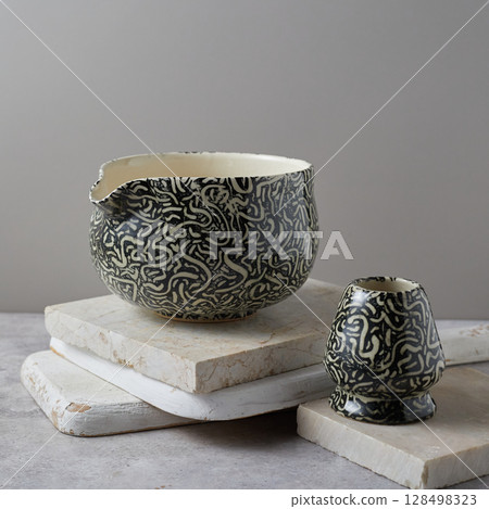 Tea bowl ceramic on gray background. Tea bowl ceramic on gray background. 128498323