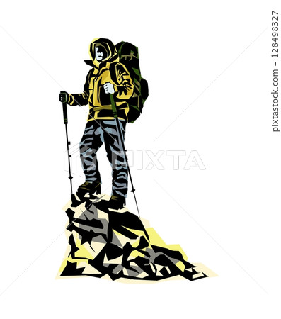 Silhouette of a Man on the top of the mountain minimalistic concept for mountain tourism Silhouette of a Man on the top of the mountain minimalistic concept for mountain tourism 128498327