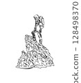 Continuous line drawing of a Man on the top of the mountain minimalistic concept for mountain tourism 128498370
