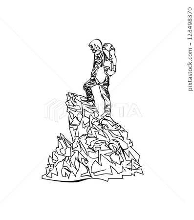Continuous line drawing of a Man on the top of the mountain minimalistic concept for mountain tourism 128498370