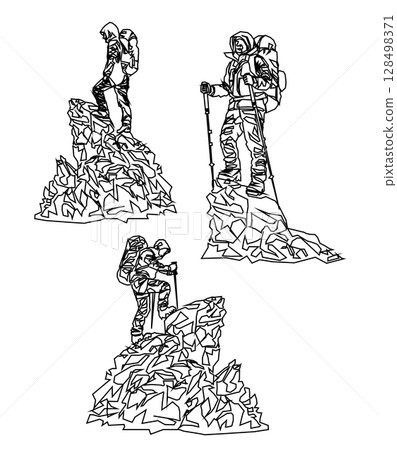 Continuous line drawing of a Man on the top of the mountain minimalistic concept for mountain tourism Continuous line drawing of a Man on the top of the mountain minimalistic concept for mountain tourism 128498371