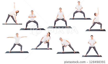 collage. yoga asanas for pregnant woman. figures on white background 128498391