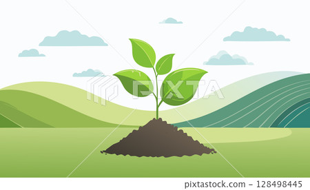 Illustration of a fresh sprout emerging from a mound of soil on a bright sunny day. 128498445