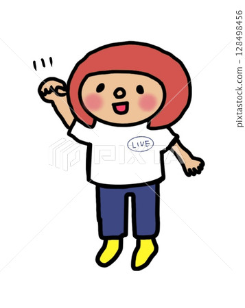 一個女孩舉起拳頭享受音樂會或節日 一個女孩舉起拳頭享受音樂會或節日 128498456